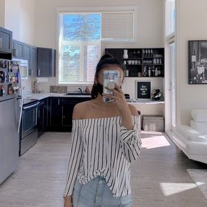 Off the shoulder black and white striped top